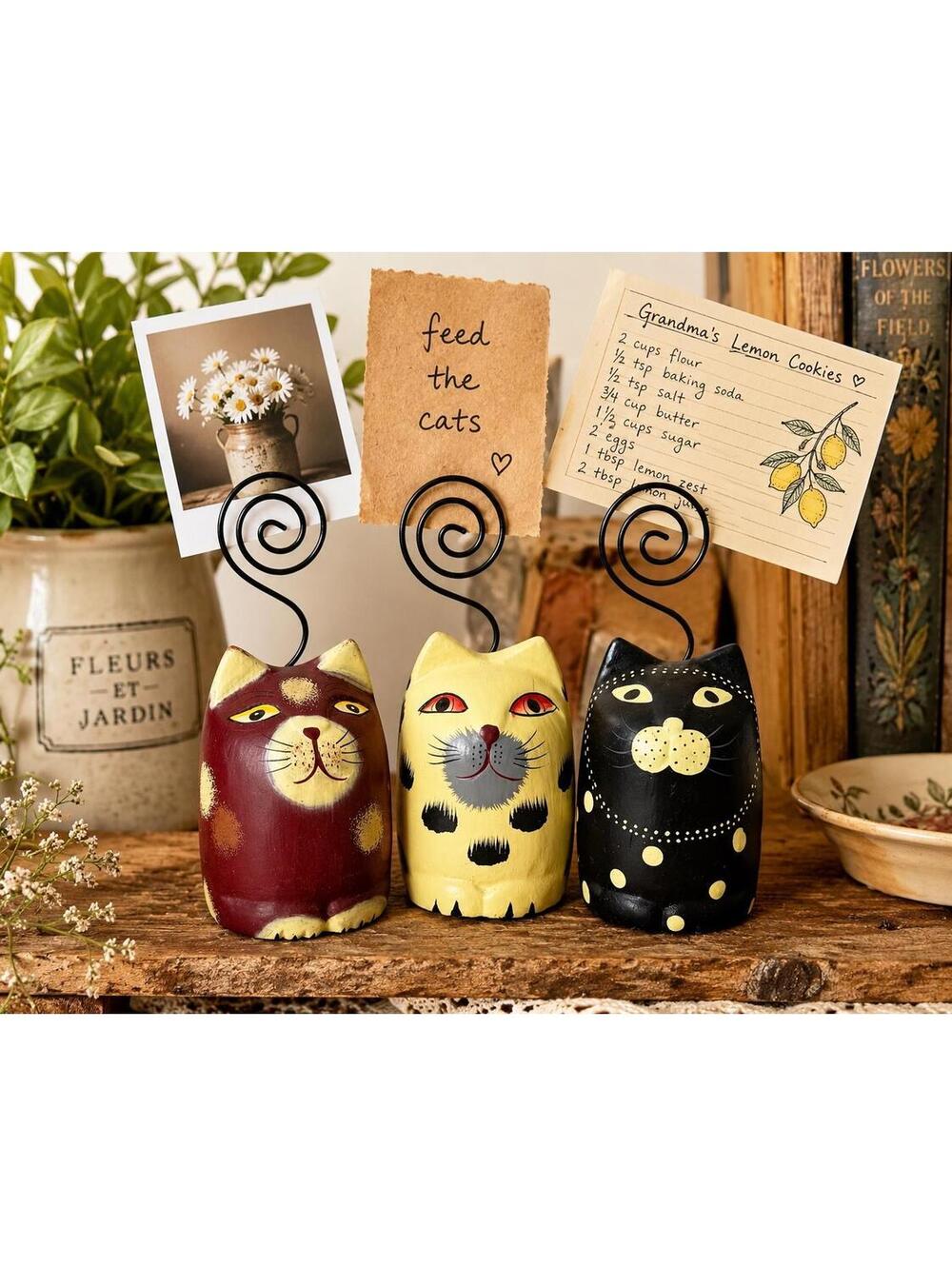 Vintage Pier 1 Imports Wooden Cat Memo Holders Set of 3 Folk Art Photo Clip Cats
